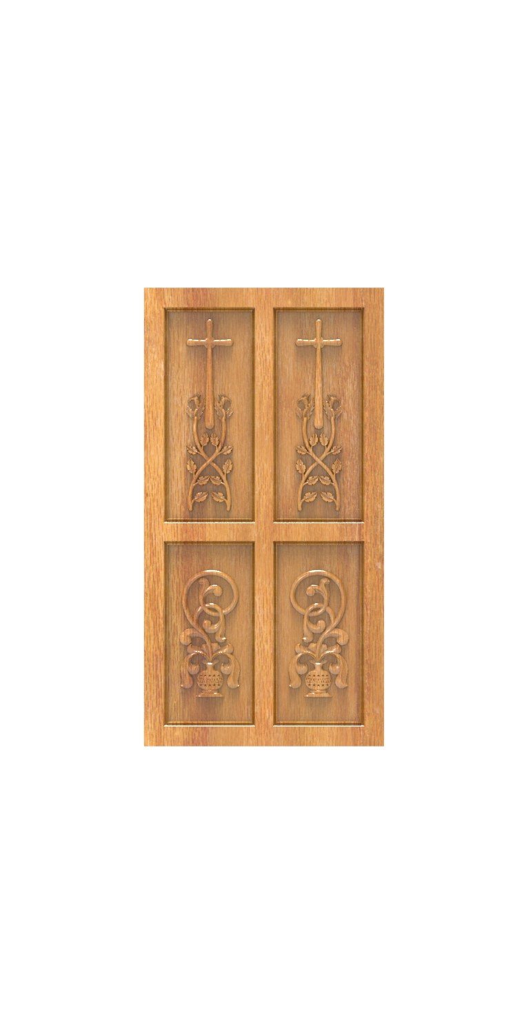 DOUBLE DOOR - 154 Traditional Cross and Floral Motif Relief Carving 3D Model