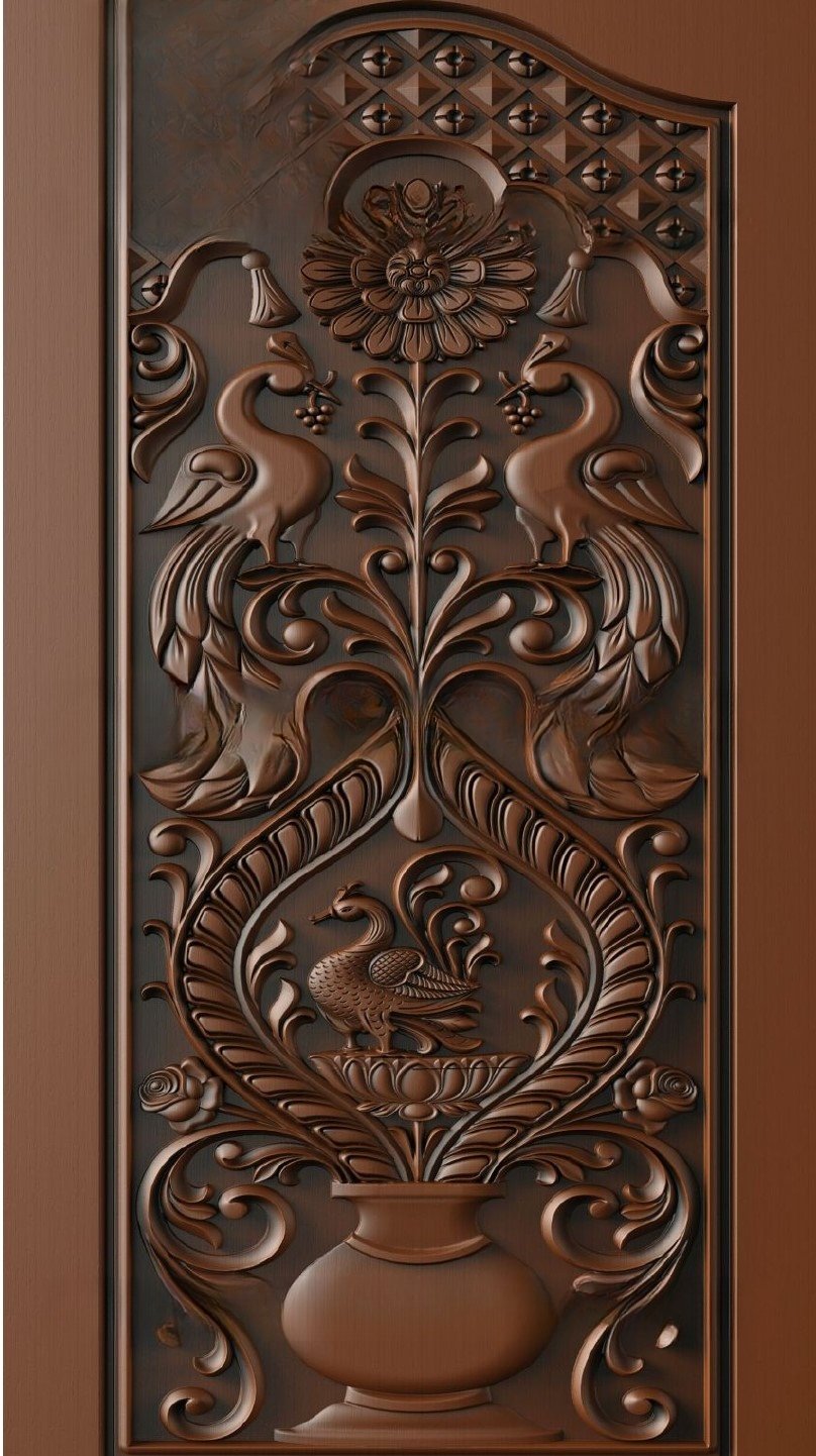 Doors - 22 Ornate Peacock and Traditional Kalash 3D Relief Carving Design
